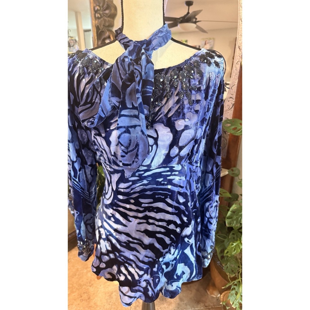 Vintage Y2K Cache Silk Blend Beaded Blue Floral Blouse Top w/ Scarf Womens M